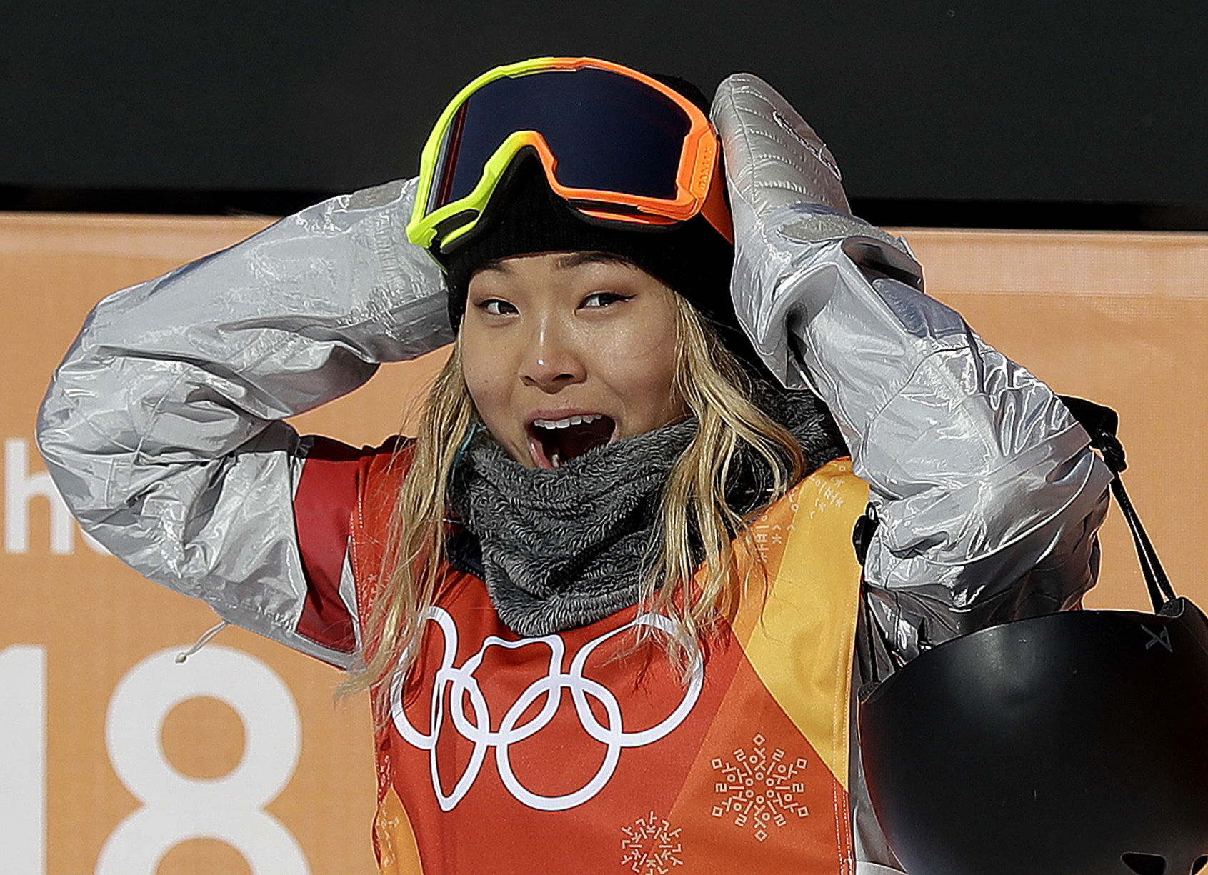 Chloe Kim reacts to her score during the women's halfpipe finals